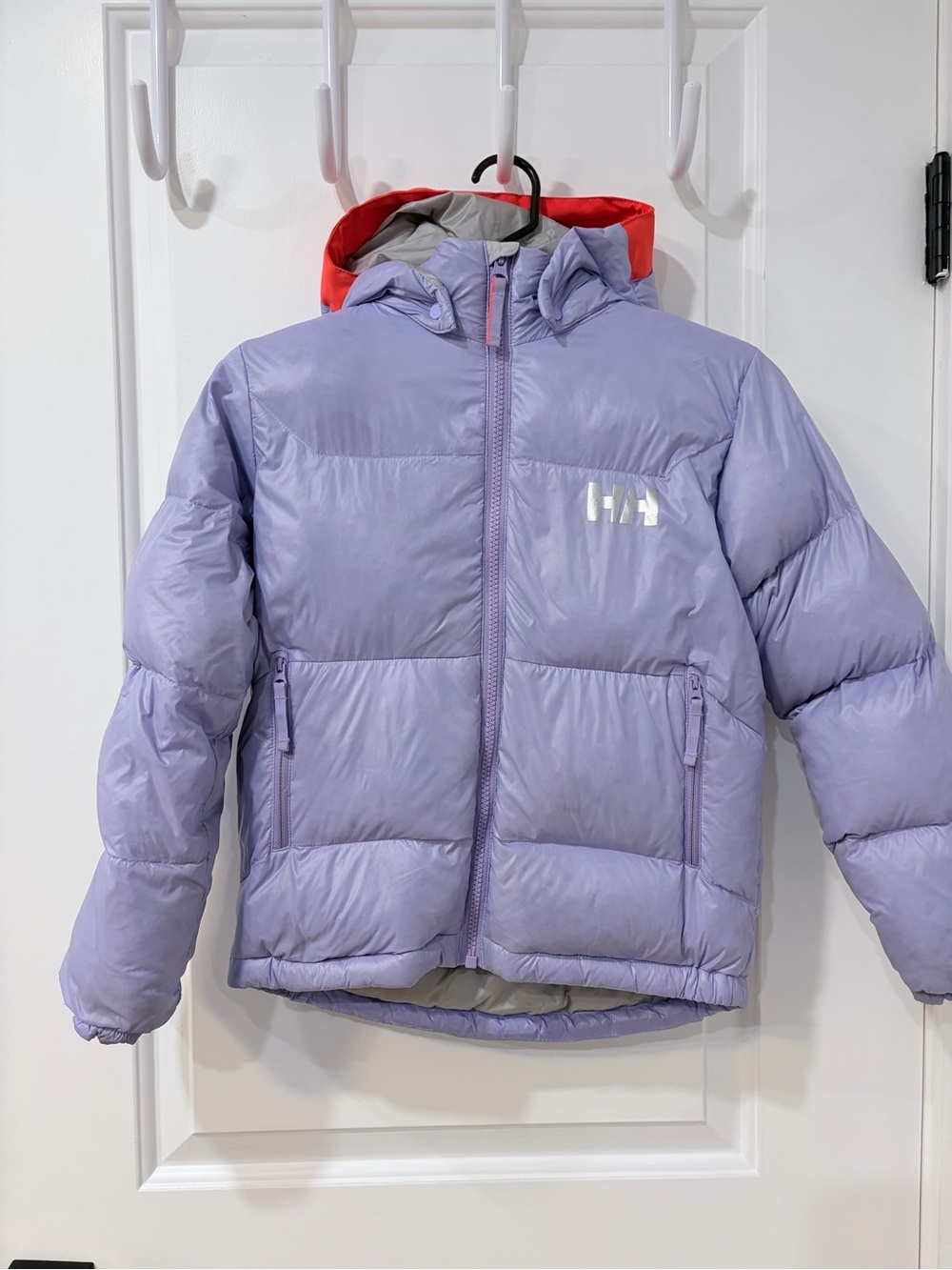 Helly Hansen Lavender Puffer Jacket with Red Hood Trim